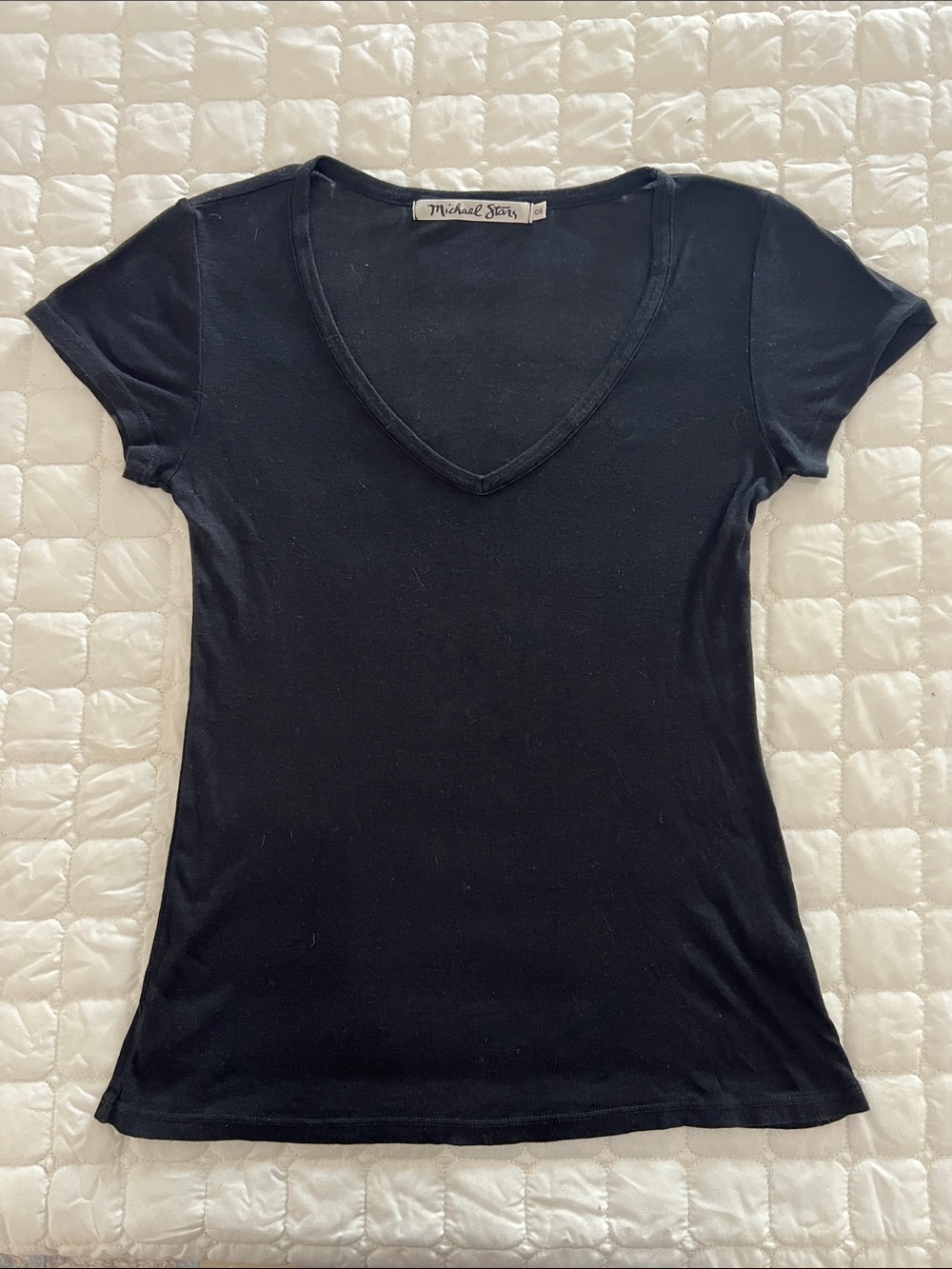 Michael Stars Black One Size Thin Supima Soft Short Sleeve V Neck Womens Top
